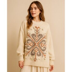 Needles & Yarn Boho Chunky Knit Sweater Women M Cream Pom Pom Winter Pullover